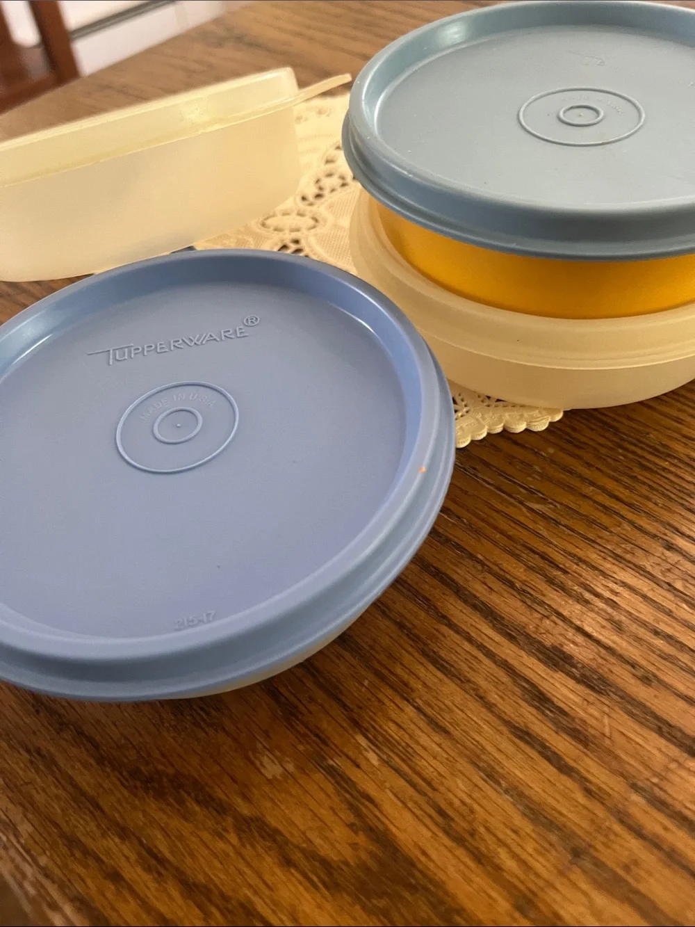 Tupperware Round Stackable Food Containers - Light Blue & Yellow Accents